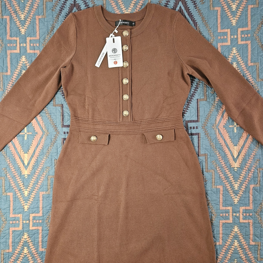 Elegant Long Sleeve Brown Dress‎ with Gold Accents. #1330